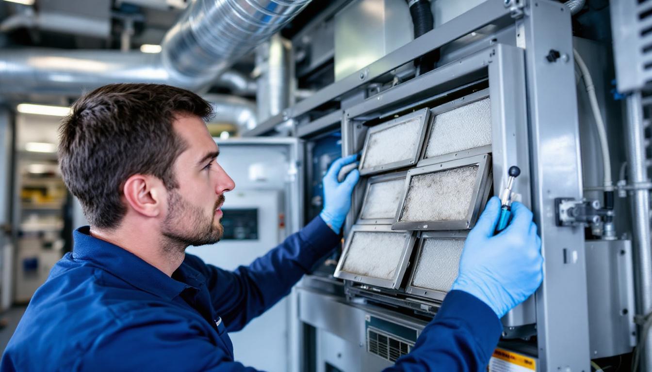 Technicien qualifié effectuant l'entretien des filtres d'une VMC double flux